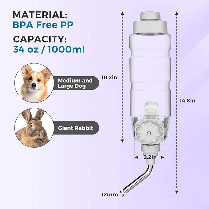 Vannon Rabbit Water Bottle for Cage, Top Fill 34oz Bunny Water Bottle No Drip Automatic Water Dispenser for Dog, Rabbit, Guinea Pig & Small Animals Hanging Cage Water Bottle
