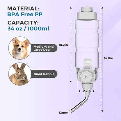Vannon Rabbit Water Bottle for Cage, Top Fill 34oz Bunny Water Bottle No Drip Automatic Water Dispenser for Dog, Rabbit, Guinea Pig & Small Animals Hanging Cage Water Bottle