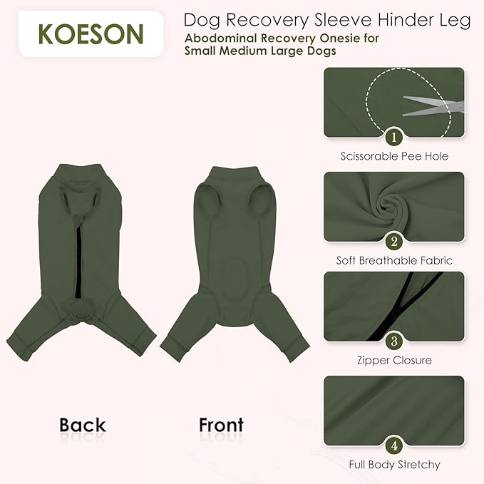 KOESON Breathable Dog Surgery Recovery Suit with Zipper to Stop Licking, Soft Dog Surgical Recovery Sleeve for Hind Legs, Strechy & Lightweight Neuter/Spay Onesie for Male Female Dogs, Army Green XXL