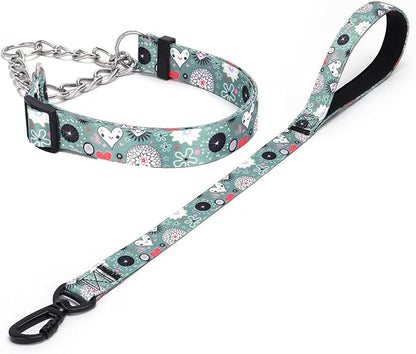 Martingale Dog Collar and Leash Set, Stainless Steel Chain, No Pull Training Collar with Flower Design, for Small, Medium, Large Dogs (NO11, L)