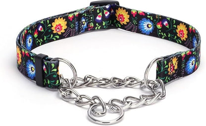 Martingale Dog Collar with Stainless Steel Chain - Limited Chain Cinch Training Collar for No Pull Training Dog - Flower Multicolor Cute Patterns - Premium No Slip Collar (XL, Black)
