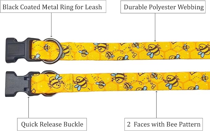 Dog Collar Leash Set, Busy Bee Pattern, 5ft Matching Leash, Polyester Material, 4 for Small Medium Large Dogs.(XS, Bee)