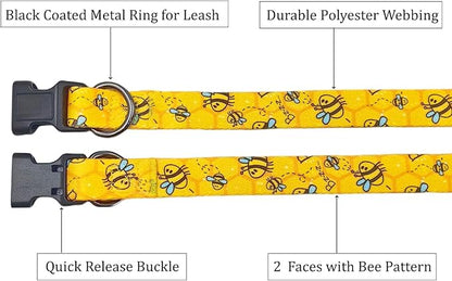 Dog Collar Leash Set, Busy Bee Pattern, 5ft Matching Leash, Polyester Material, 4 for Small Medium Large Dogs.(XS, Bee)