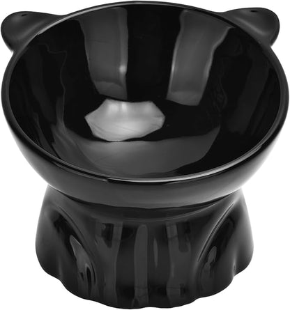 Elevated Cat Food Bowl,9 Oz Ceramic Raised and Tilted Water Bowl,Anti Vomiting and Protect Pets Spines Dishes for Fat Faced Cat, Indoor Cats,Kitten,Small Dog (Black)