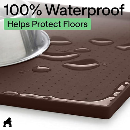 GORILLA GRIP 100% Waterproof Raised Edge BPA Free Silicone Pet Feeding Mat, Dog Cat Food Mats Contain Spills Protects Floors, Placemats for Cats and Dogs Water Bowl, Pets Accessories 23x15 Brown