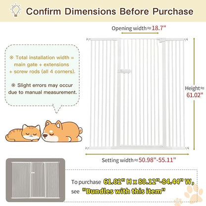 Lumizone Extra Tall Cat Gate 61.02" High Pressure Mounted Extra Wide 2025 New (17 Sizes) 1.37" Gap No Drilling Auto-Close One-Handed Operation Tall Pet Gate for Dogs(White, 61.02" H x 50.98"-55.11" W)