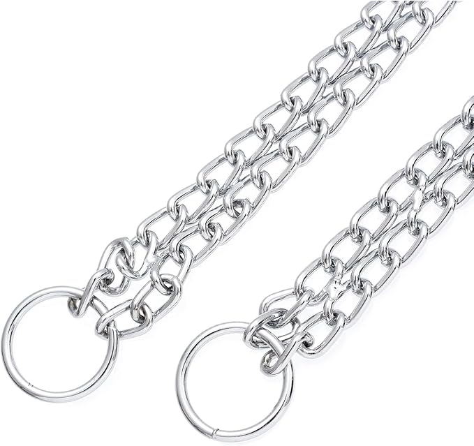 Heavy Duty Dog Choker Chain, Silver Double Row Martingale Chain Dog Collars, Chew Proof Metal Cuban Link Slip Collars Adjustable for Small Medium Large Breed Dogs (2 Row, L)