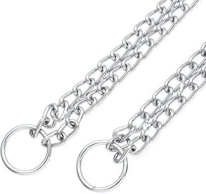 Heavy Duty Dog Choker Chain, Silver Double Row Martingale Chain Dog Collars, Chew Proof Metal Cuban Link Slip Collars Adjustable for Small Medium Large Breed Dogs (2 Row, L)