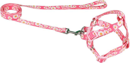Harness and Leash Set, Floral Pattern, 5ft Matching Leash, No Pull, Easy Wear for Medium Dogs.(M, Pink Daisy)