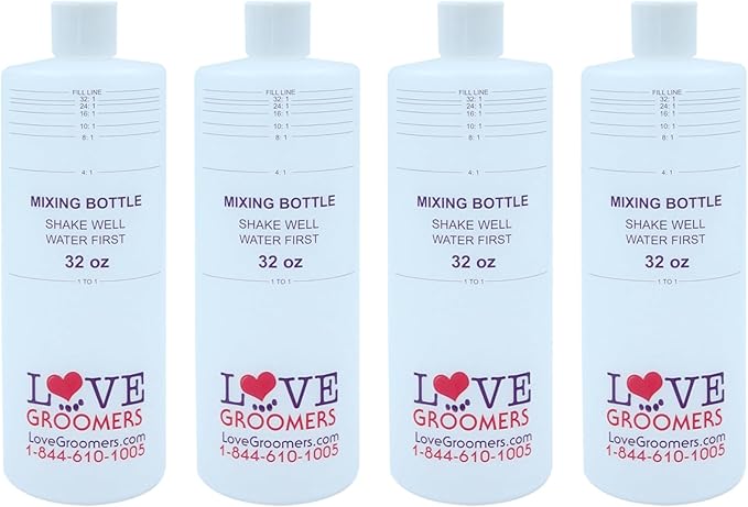 Groomer ESSENTALS 32oz Dilution Bottles - Set of 4 - Professional Dog Grooming Mixing Bottles for Shampoo, Conditioner, and Solutions
