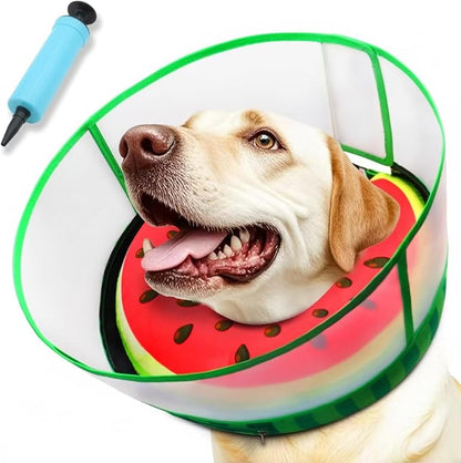 Upgraded Inflatable Dog Cone Collar with Transparent Anti-Licking Shield, Adjustable Elizabethan Collar for Medium Large Dogs, 2-in-1 Design with Detachable Shield and Soft Padding (M+, Watermelon)