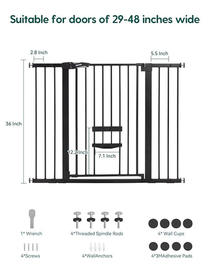 Babelio 36 Inch Extra Tall Baby Gate with Cat Door, 29-48" Auto Close Pet Door for Stairs, Doorways and House, with Wall Cups, Black