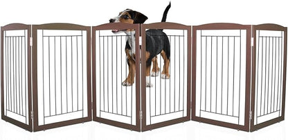 ZJSF Freestanding Foldable Dog Gate for House Extra Wide Wooden Brown Puppy Gate Stairs Dog Gates Doorways Tall Pet Gate 32 "Height 6 Panels Pet Fence