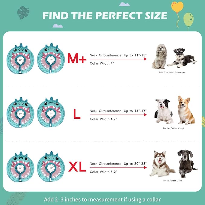 IEUUMLER Inflatable Recovery Dog Collar, Protective Donut Cone, Adjustable Soft Collar for Dog and Cat After Surgery Prevent from Biting & Scratching EU002 - Teal Dinosaur L+