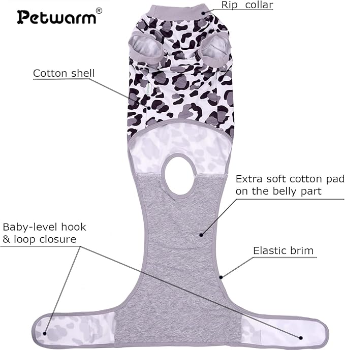PetWarm Dog Onesie for Surgery Female, Dog Cone Alternative After Surgery, Covers Wounds, Prevents Licking, Fashionable and Protective, Lightweight and Breathable, Leopard Pattern, White, 2XL