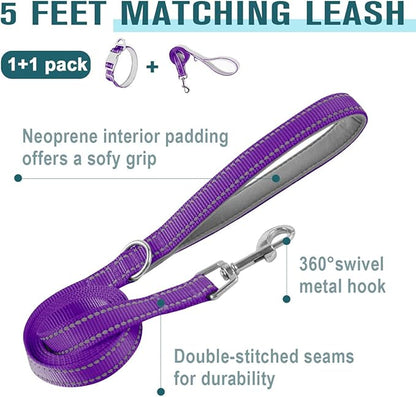 Dog Collar for Medium Small Large Dogs Reflective with Leash,Collar and Leash for Dogs,Soft Neoprene Padded 2 Pack(Purple,XS)
