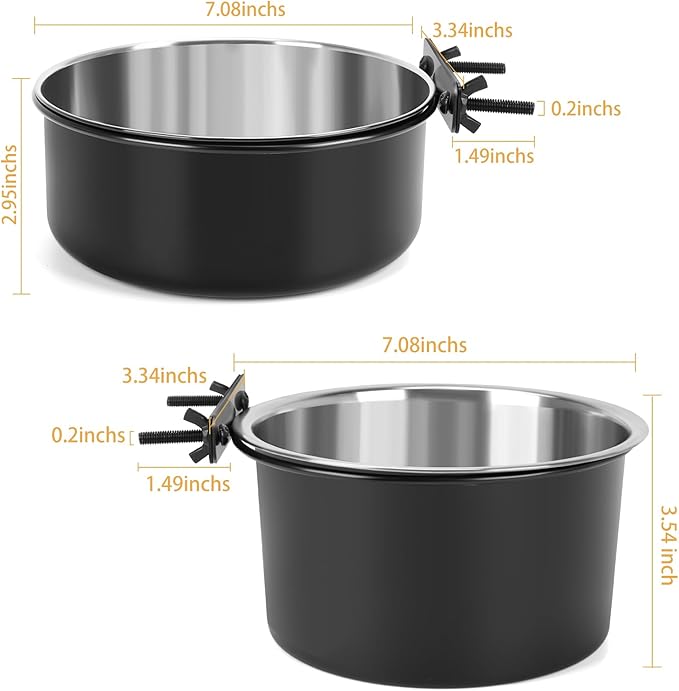 2 Pcs Black Large Pet Dog Food Water Bowl for Cage Stainless Steel Non-Spill Kennel Hanging Cats Bowls with Clamp Holder Crate Feeder Dish for Medium Large Dogs Huge Pets (7.1x3.7'' & 7.1x2.5'')