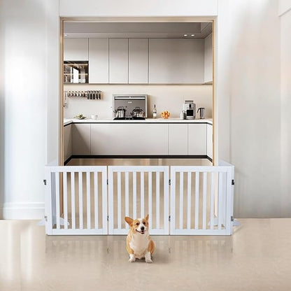 unipaws 24”H Free Standing Pet Gate for Dog and Cat, Wooden Dog Gates for Doorway, Stairs, Doggy Room Divider, Step Over Foldable Pet Fence for The House, Expandable Doggy Barrier, Indoor Use, White