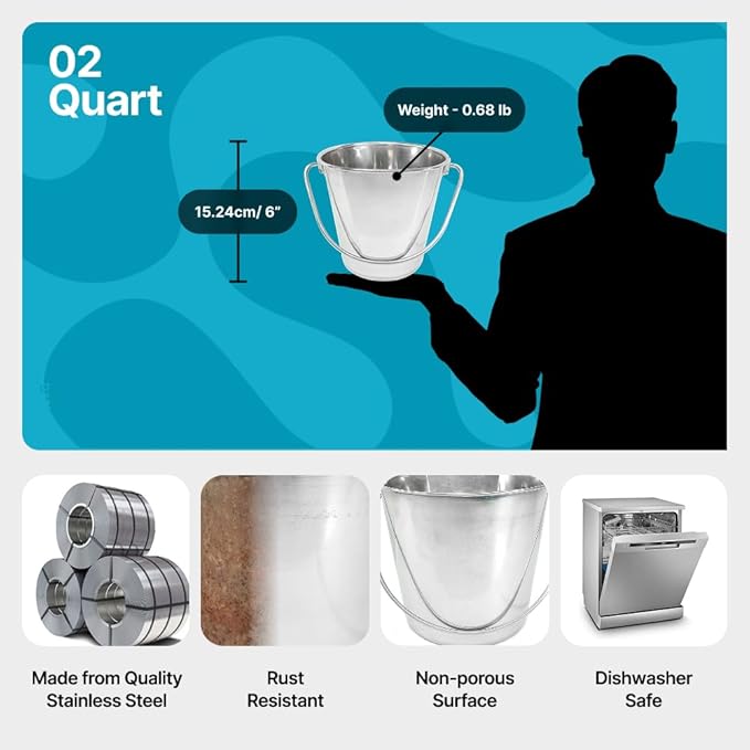 Heavy Duty Stainless Steel Bucket 2 Quart - Half Gallon Flat Side Metal Bucket for Feeding & Watering Pets, Livestock & Cleaning - Perfect for Crates, Kennels, Cages & Hang on Fences