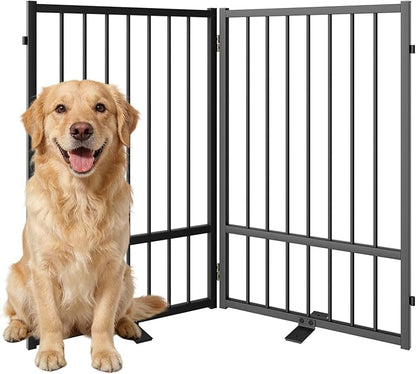 SNUOWU Full Metal Freestanding Dog Gate with Door, 32''Height Foldable Pet Dog Fence for Indoor & Outdoor, 2 Panels Extra Wide Free Standing TallDog Gates for Doorways,House,Stairs,Porch,Deck,Yard