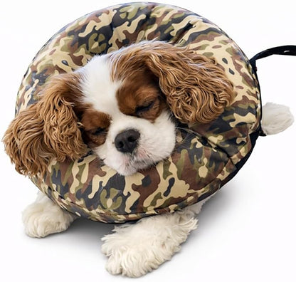 Comfy-K9 Camo Cone - Inflatable Dog Cone with Soft Camouflage Design, Adjustable Blow Up Donut, Machine Washable, Small Size Collar for Comfortable & Stylish Pet Recovery