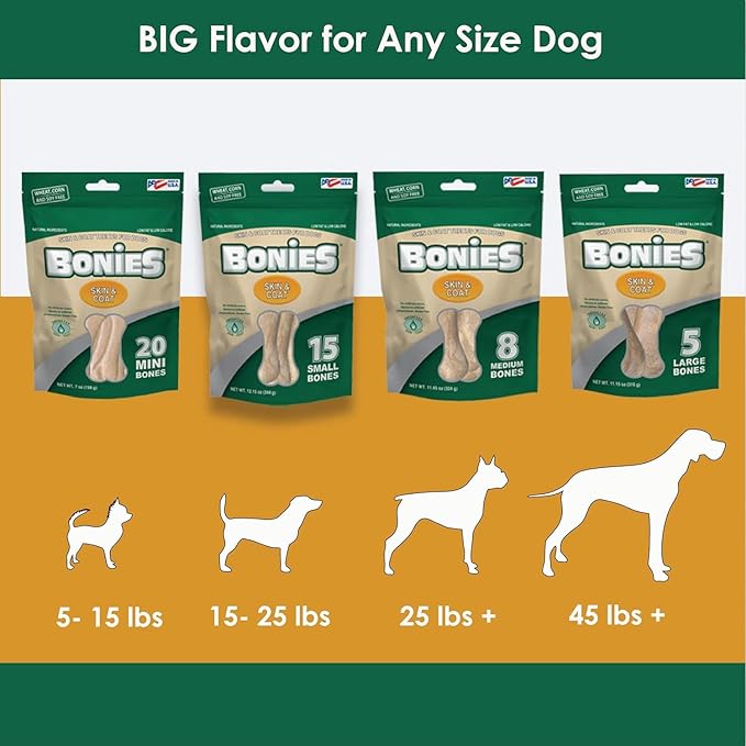 Bonies Natural Skin & Coat Formula Large-Sized Single Bone - Promote Silky Coat & Healthy Skin, Healthy Teeth & Fresh Breath, Low Calories - Chicken Flavor, [Large Dogs], 5 Bones