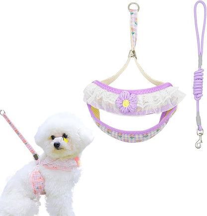 Cat Harness Collar and Leash Set, Sweet Lace Floral Kitten Collar, Escape Proof Puppy Chest Harness, Adjustable Cute Harness Leash Set for Cat Puppy Dog Outdoor Walking (Purple, M)