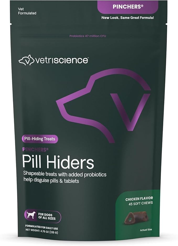 VetriScience Pinchers Pill Hiders Chews, Non-Greasy with Probiotics for Dogs, Disguise Small Capsules and Tablets, Soft and Chewy, Gut and Immune Support, Chicken, 45 Count