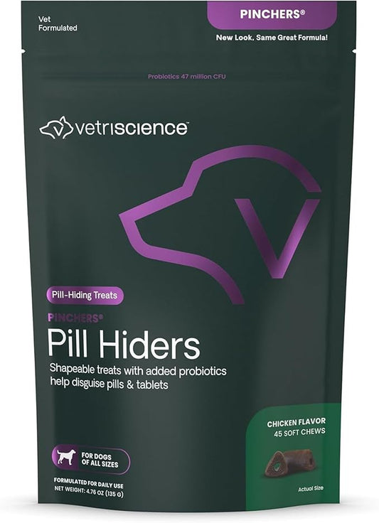 VetriScience Pinchers Pill Hiders Chews, Non-Greasy with Probiotics for Dogs, Disguise Small Capsules and Tablets, Soft and Chewy, Gut and Immune Support, Chicken, 45 Count