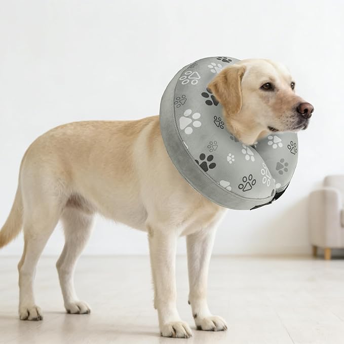 SCENEREAL Dog Cone Alternative After Surgery Donut Collar, Soft Pet Recovery Pillow Collar for Medium Large Dogs, Inflatable Adjustable Neck Collars to Prevent Licking, Grey Footprints M
