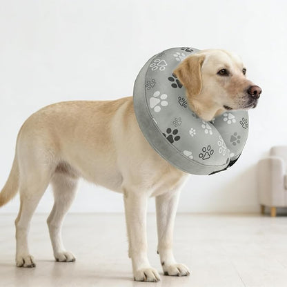 SCENEREAL Dog Cone Alternative After Surgery Donut Collar, Soft Pet Recovery Pillow Collar for Medium Large Dogs, Inflatable Adjustable Neck Collars to Prevent Licking, Grey Footprints M