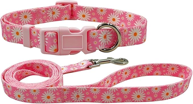 Dog Collar Leash Set, Floral Pattern, Polyester Material, Adjustable Collar and 5ft Matchcing Leash, for Large Dogs.(L, Light Pink Daisy)