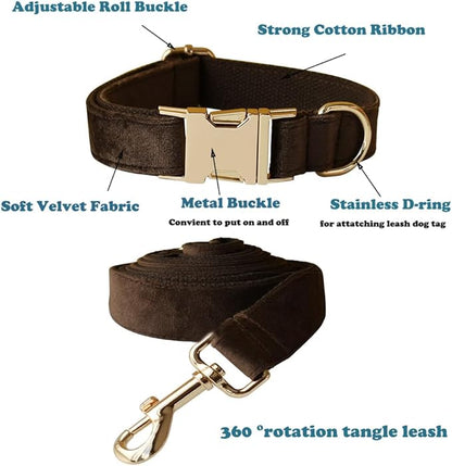 Love Dream Velvet Dog Collar and Leash Set, Soft & Comfy Adjustable Dog Leash and Collar with Heavy Duty Metal Buckle for Small Medium Large Dogs Training & Walking (Small, Brown)