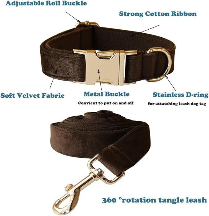 Love Dream Velvet Dog Collar and Leash Set, Soft & Comfy Adjustable Dog Leash and Collar with Heavy Duty Metal Buckle for Small Medium Large Dogs Training & Walking (Medium, Brown)