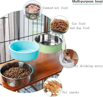 Pet Hanging Bowl 2-in-1 Removable Stainless Steel Food Hanging Bowl for Puppy/Cat, Andiker Pet Bowl Hanging Cage Large Water Food Feeder for Dogs Cats (Small, Green)