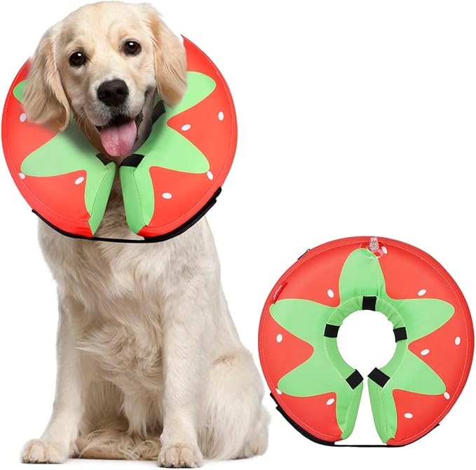 MIDOG Soft Inflatable Dog Cone,Donut E-Collar Alternative for After Surgery, Prevents Licking,Allowing Normal Eating & Vision,Comfortable Recovery Collar for Small Medium Large Dogs&Cats,Strawberry-L+