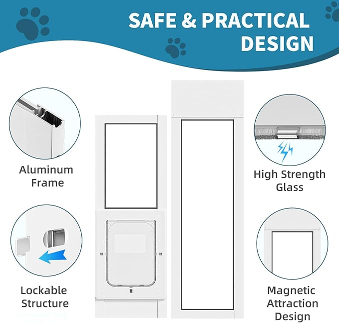 Dog Door for Sliding Glass Door, Magnetic Plastic Flap, Adjustable Height, No-Cut Insert with Lock, Ideal for Renters, Apartments, Patio White L