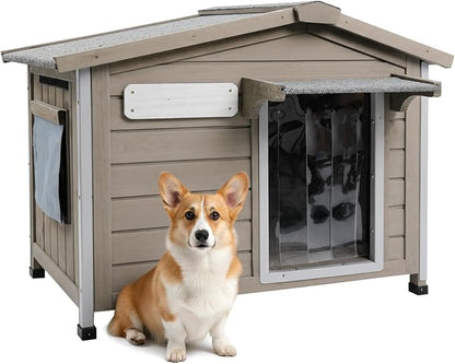 PetsCosset 30.1" L Large Dog House Outdoor & Indoor,Fir Wood Dog Kennel with Weatherproof Openable Asphalt Roof,Spacious Doghouse with Anti-Chewing Metal Edges for Small & Medium & Large Dogs,Grey