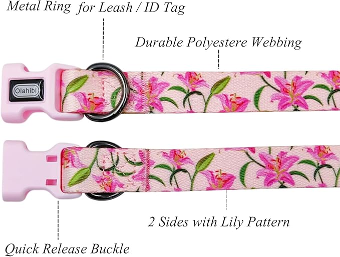 Dog Collar Leash Set, Floral Pattern, Polyester Material, Adjustable Collar and 5ft Matchcing Leash, 5ft Leash, for Small Dogs.(S, Pink Lily)