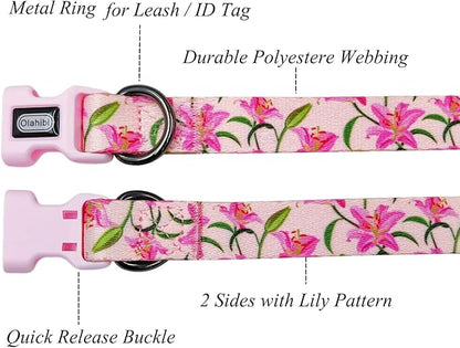 Dog Collar Leash Set, Floral Pattern, Polyester Material, Adjustable Collar and 5ft Matchcing Leash, 5ft Leash, for Small Dogs.(S, Pink Lily)