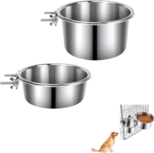 2 Pack Silver Stainless Steel Pet Bowls Anti-Spill Metal Feeder Food and Water Feeding Bowl, Hanging Cage Pet Crate Bowl for Puppy Kennel Medium Large Pets (Silver,M (5.5x2.2'' & 6.2x2.3''))