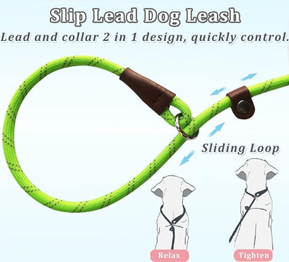 WYUZE 2 Pack 8 ft Slip Lead Dog Leash, Reflective No Pull Dog Training Lead, 1/3" Nylon Rope Slip Leash for Small Medium Dogs (Purple+Green)
