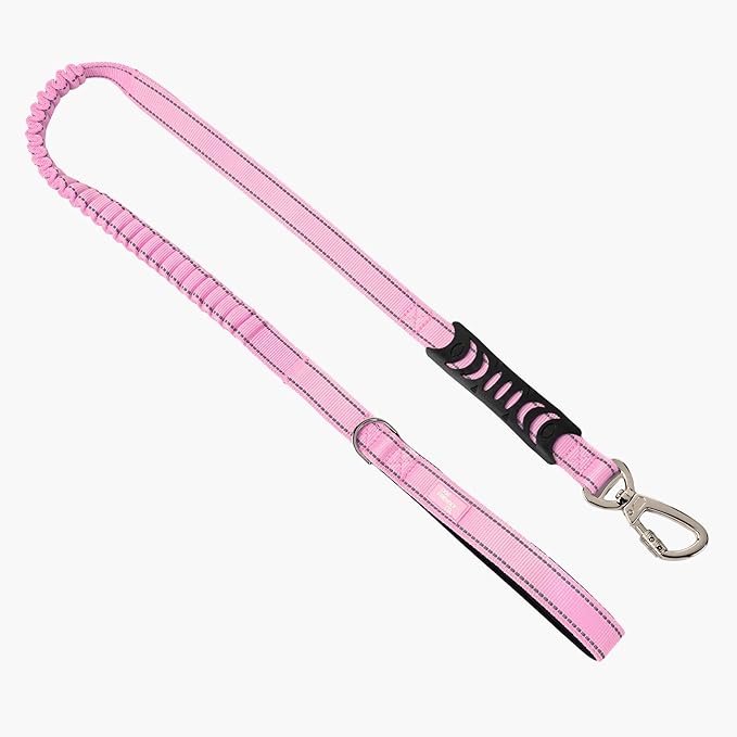 Dog Friendly Co. Bungee Dog Leash | Strain Free & Shock Resistant for Control | Neoprene Padded Handle, Heavy-Duty Carabiner Clip, and D-Ring | Pink, Size Small