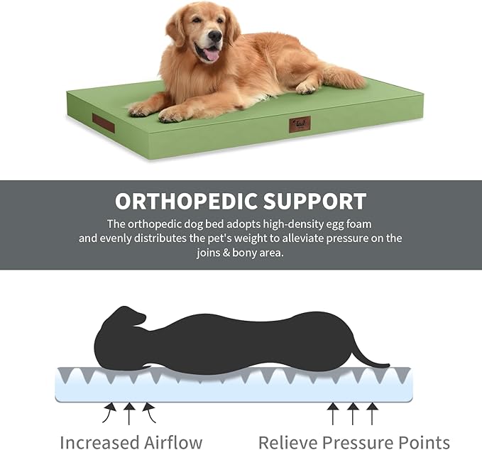 Outdoor Orthopedic Dog Bed for Extra Large Dogs, XL Waterproof Flat Pet Bed 44x32 Inch, Egg Crate Foam with Removable Washable Oxford Cooling Cover, Light Green