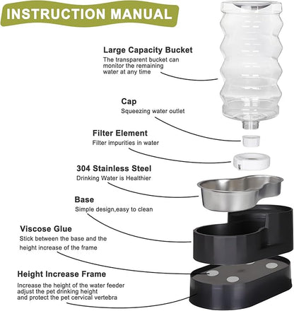 RIZZARI Automatic Dog Water Dispenser: Spill-Resistant 9L Black Gravity Feeder - Includes 2 Extra Filters & 2 Bottle Caps - Raised Design Supports Elderly Dogs’ Spine Health - for Garage Garden Use