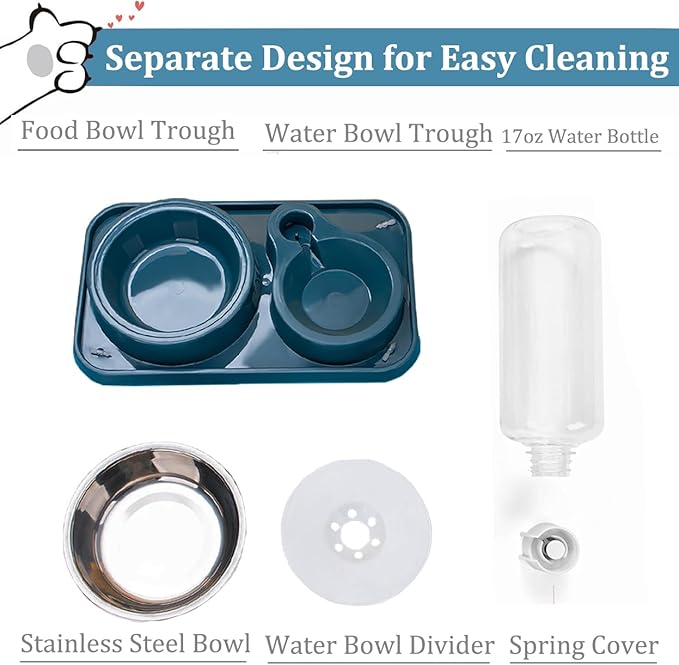 Dog Bowls, Non-Slip Puppy Cat Food and Water Bowl Set with Water Dispenser and Stainless Steel Bowl Detachable Gravity Pet Feeder and Waterer Set for Cats Dogs Puppy Rabbit (Pink, 500ML)