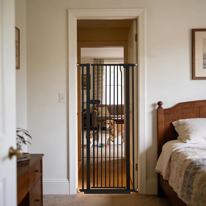 Lumizone Extra Tall Cat Gate 55.12" High Pressure Mounted Extra Wide 2025 New (17 Sizes) 1.37" Gap No Drilling Auto-Close One-Handed Operation Tall Pet Gate for Dogs(Black, 55.12" H x 26.18"-29.91" W)