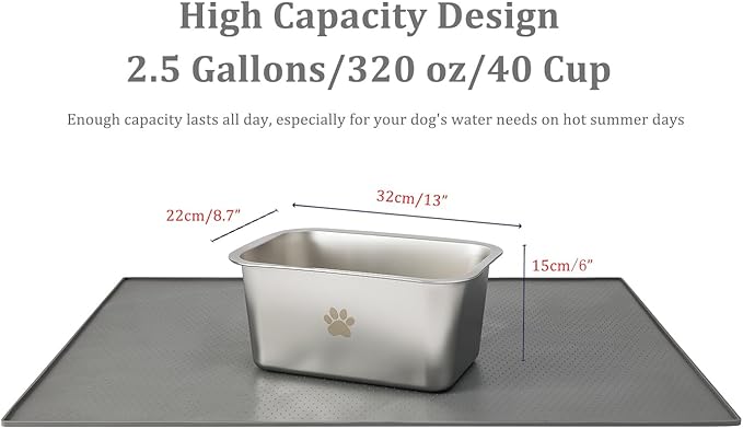 2.5 Gallons 40 Cup Non Slip Stainless Steel Large Dog Water Bowls, Outdoor Metal Dog Bowls Extra Large Breed, High Capacity Water Bowl for Big Giant Huge Dogs, Silver