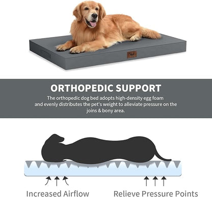 Outdoor Dog Bed for Small Dogs & Cats, Waterproof Dog Crate Mat Orthopedic Egg Crate Foam with Washable Removable Oxford Cover, Grey