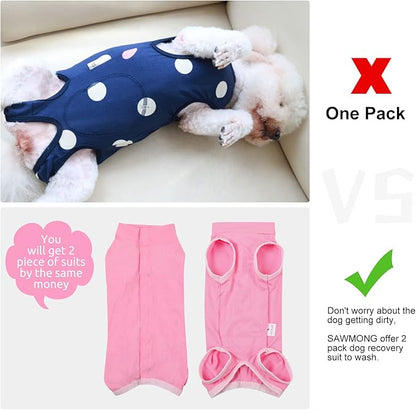 SAWMONG 2 Pack Recovery Suit for Dogs After Surgery, Dog Recovery Suit Soft Polyester, Pet Spay Surgical Suit Female Male, Dog Onesie Body Suit Substitute E-Collar Cone,S